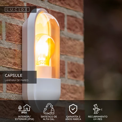 Lucide CAPSULE - Lámpara de pared Dentro/Fuera - 1xE27 - IP54 - Blanco - USP